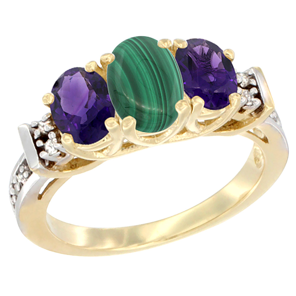 14K Yellow Gold Natural Malachite &amp; Amethyst Ring 3-Stone Oval Diamond Accent