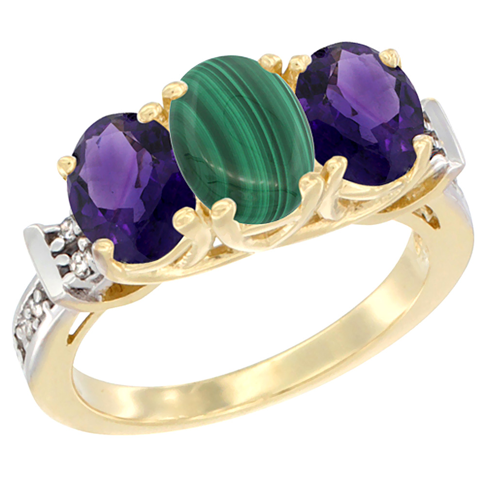 10K Yellow Gold Natural Malachite & Amethyst Sides Ring 3-Stone Oval Diamond Accent, sizes 5 - 10