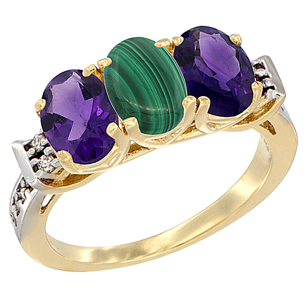 10K Yellow Gold Natural Malachite & Amethyst Sides Ring 3-Stone Oval 7x5 mm Diamond Accent, sizes 5 - 10