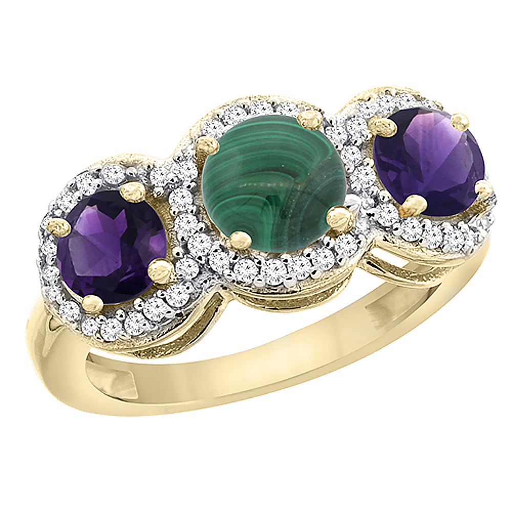 10K Yellow Gold Natural Malachite & Amethyst Sides Round 3-stone Ring Diamond Accents, sizes 5 - 10