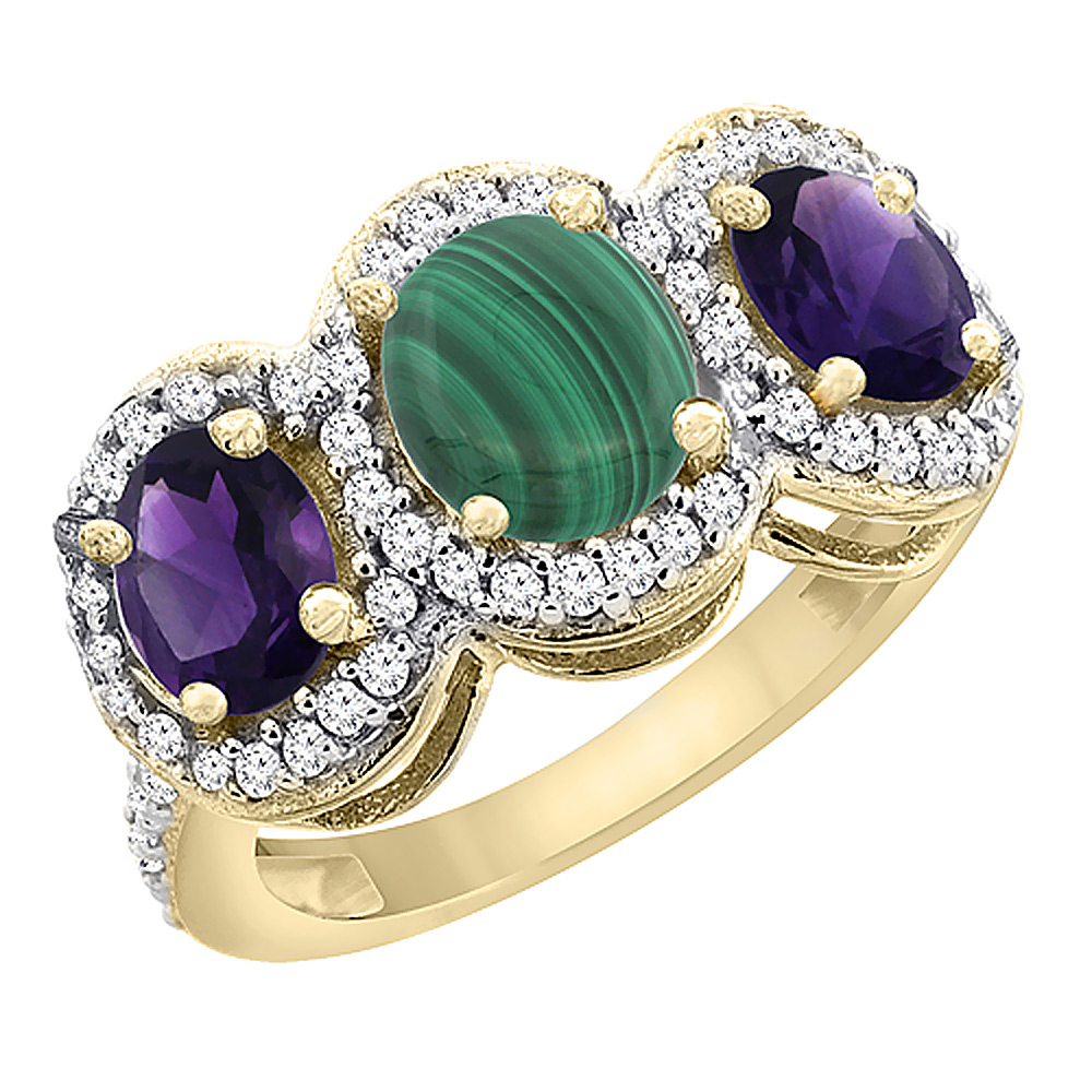 14K Yellow Gold Natural Malachite & Amethyst 3-Stone Ring Oval Diamond Accent, sizes 5 - 10