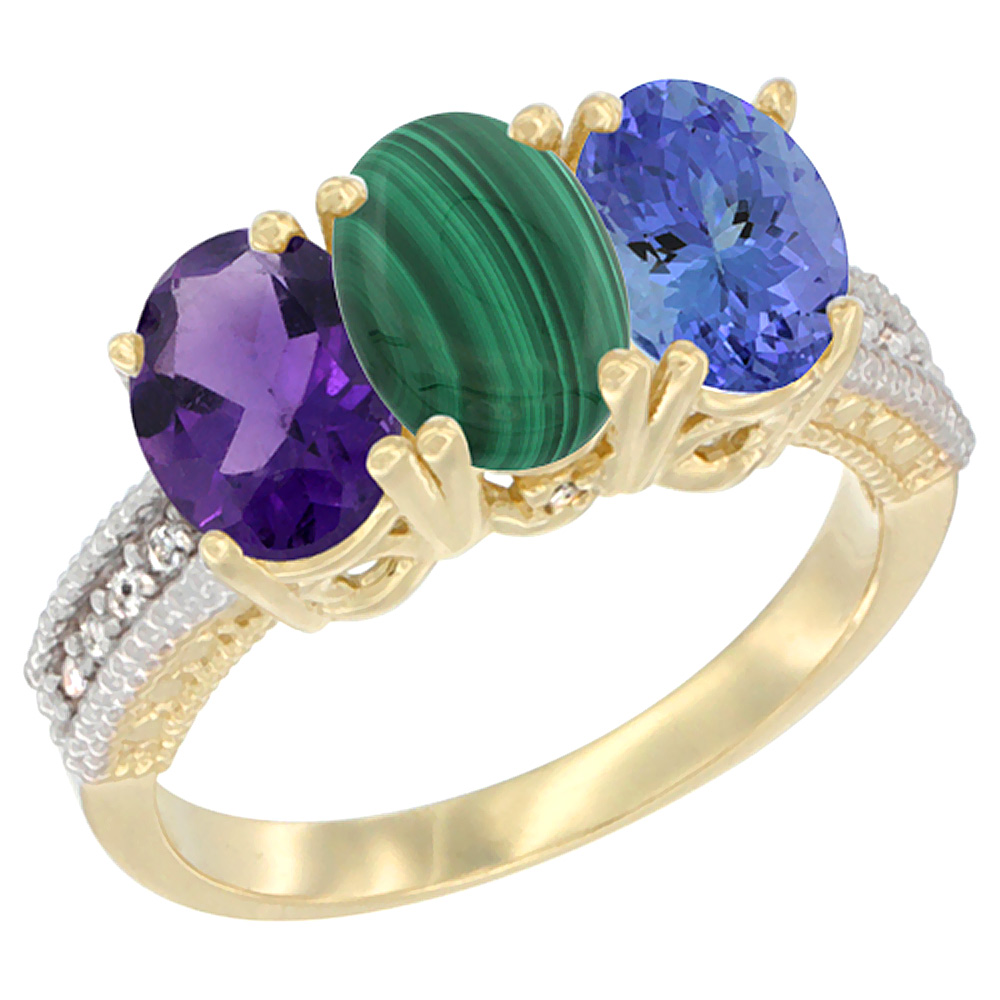 10K Yellow Gold Diamond Natural Amethyst, Malachite & Tanzanite Ring Oval 3-Stone 7x5 mm,sizes 5-10