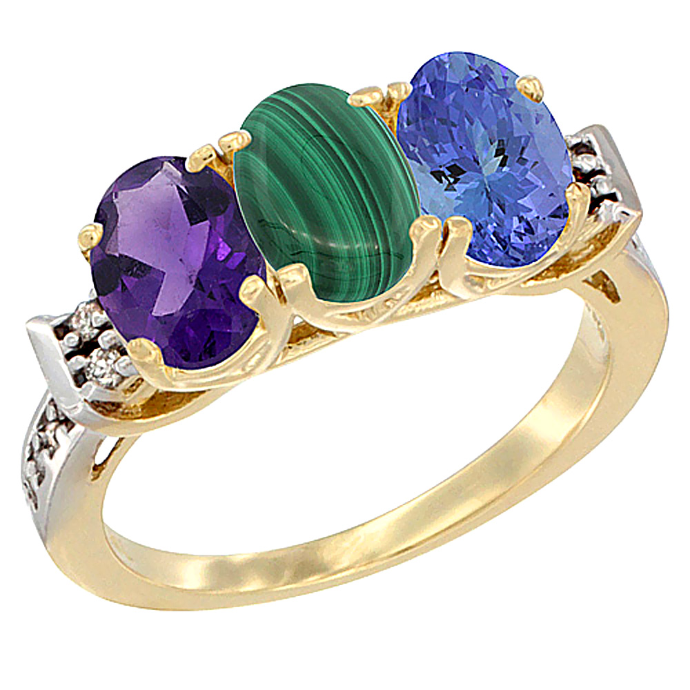 14K Yellow Gold Natural Amethyst, Malachite & Tanzanite Ring 3-Stone 7x5 mm Oval Diamond Accent, sizes 5 - 10