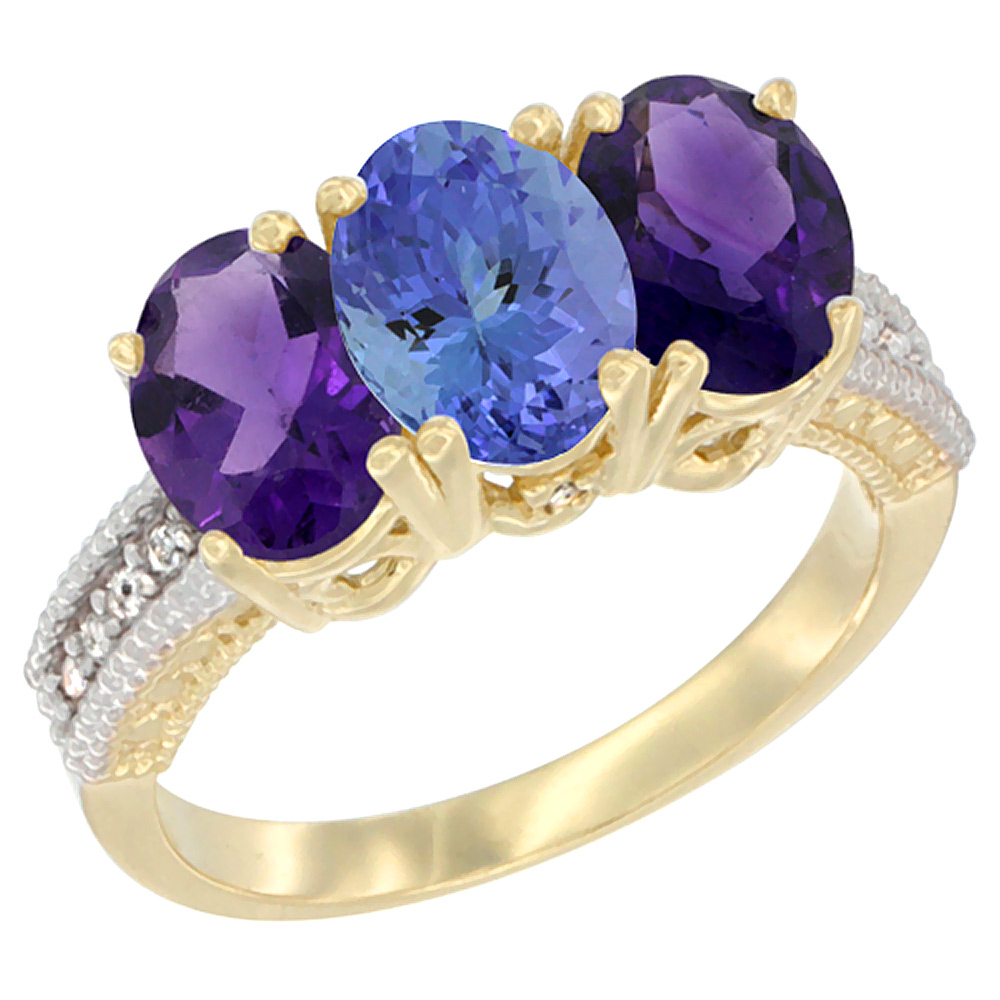 10K Yellow Gold Diamond Natural Tanzanite & Amethyst Ring Oval 3-Stone 7x5 mm,sizes 5-10