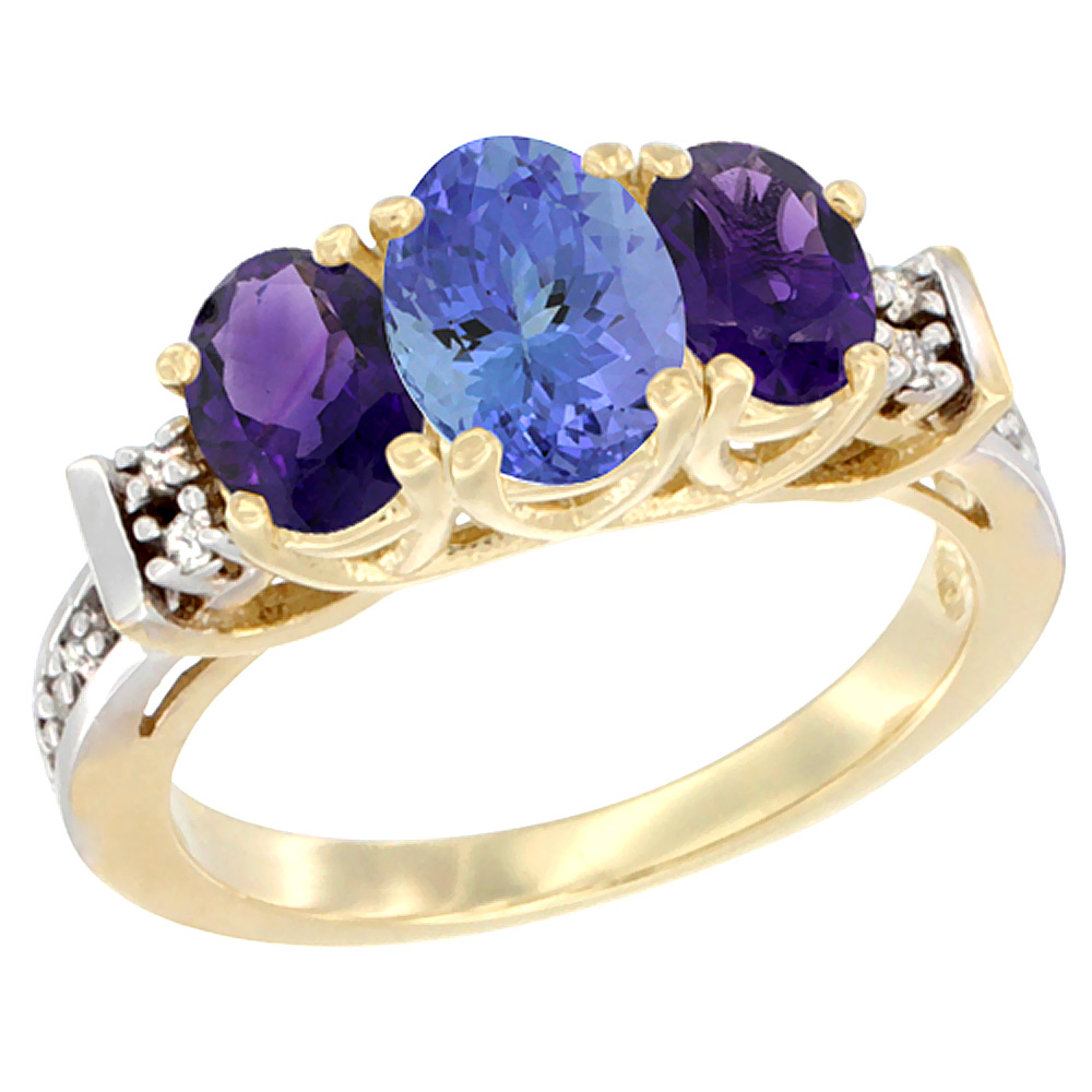 14K Yellow Gold Natural Tanzanite &amp; Amethyst Ring 3-Stone Oval Diamond Accent