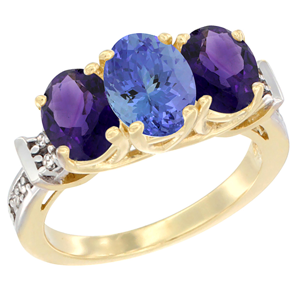 14K Yellow Gold Natural Tanzanite & Amethyst Sides Ring 3-Stone Oval Diamond Accent, sizes 5 - 10
