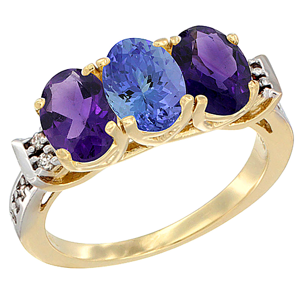14K Yellow Gold Natural Tanzanite & Amethyst Sides Ring 3-Stone 7x5 mm Oval Diamond Accent, sizes 5 - 10