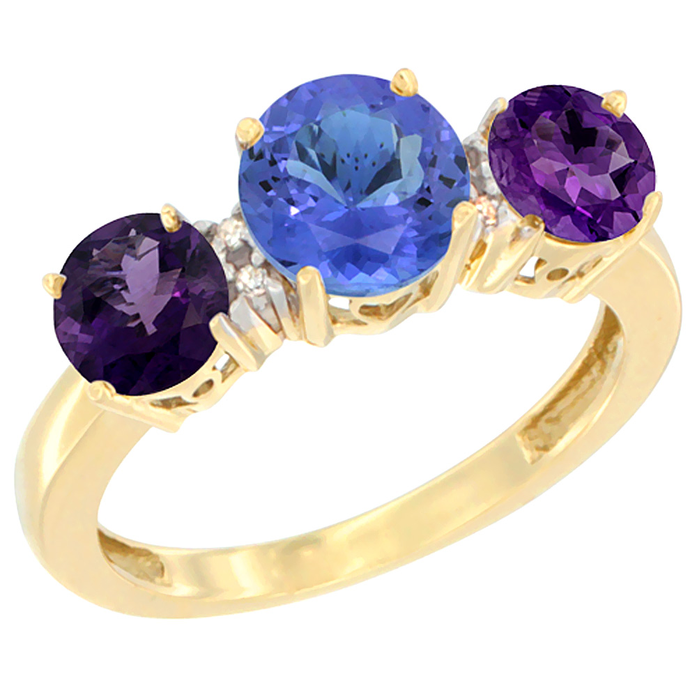 14K Yellow Gold Round 3-Stone Natural Tanzanite Ring &amp; Amethyst Sides Diamond Accent, sizes 5 - 10