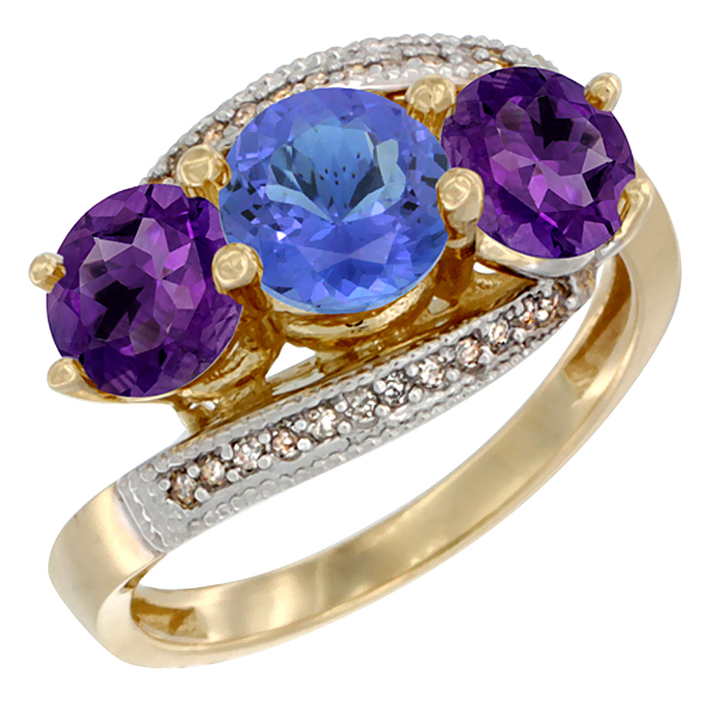 10K Yellow Gold Natural Tanzanite &amp; Amethyst Sides 3 stone Ring Round 6mm Diamond Accent, sizes 5 - 10