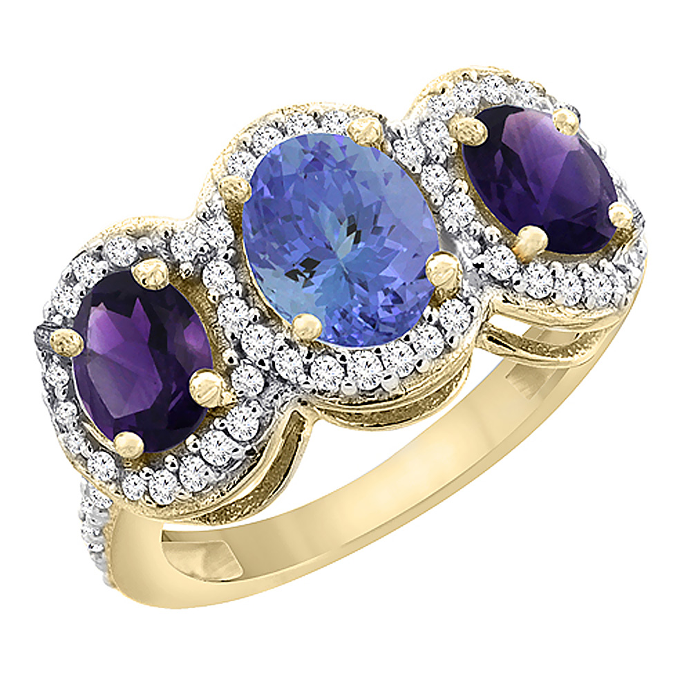 14K Yellow Gold Natural Tanzanite &amp; Amethyst 3-Stone Ring Oval Diamond Accent, sizes 5 - 10