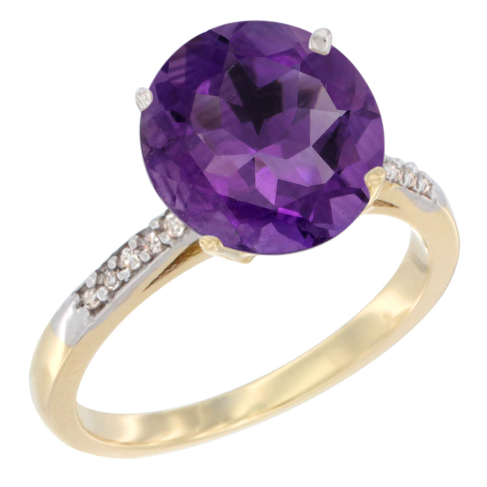 10K Yellow Gold Natural Amethyst Ring Round 10mm Diamond accent, sizes 5 - 10