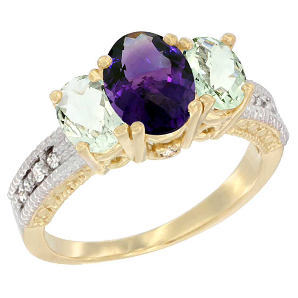 10K Yellow Gold Diamond Natural Amethyst Ring Oval 3-stone with Green Amethyst, sizes 5 - 10