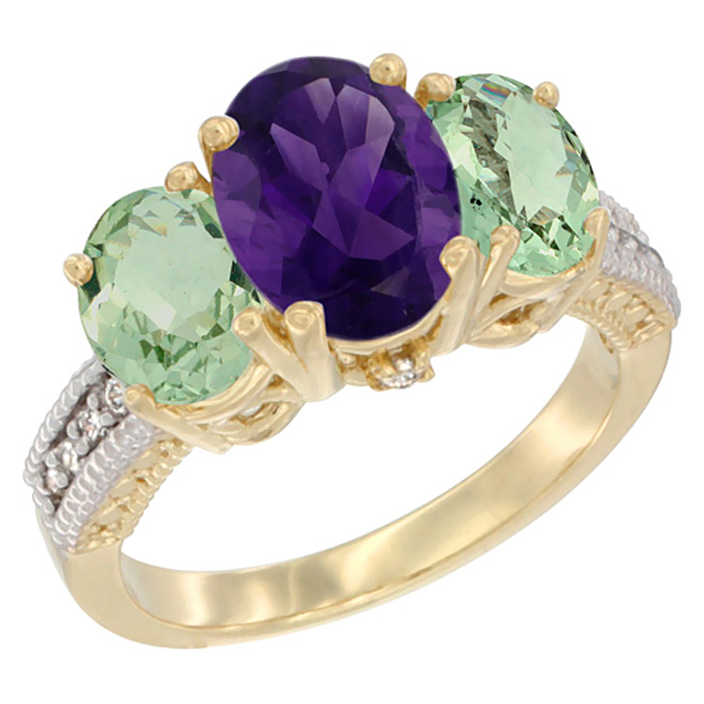 14K Yellow Gold Diamond Natural Amethyst Ring 3-Stone Oval 8x6mm with Green Amethyst, sizes5-10