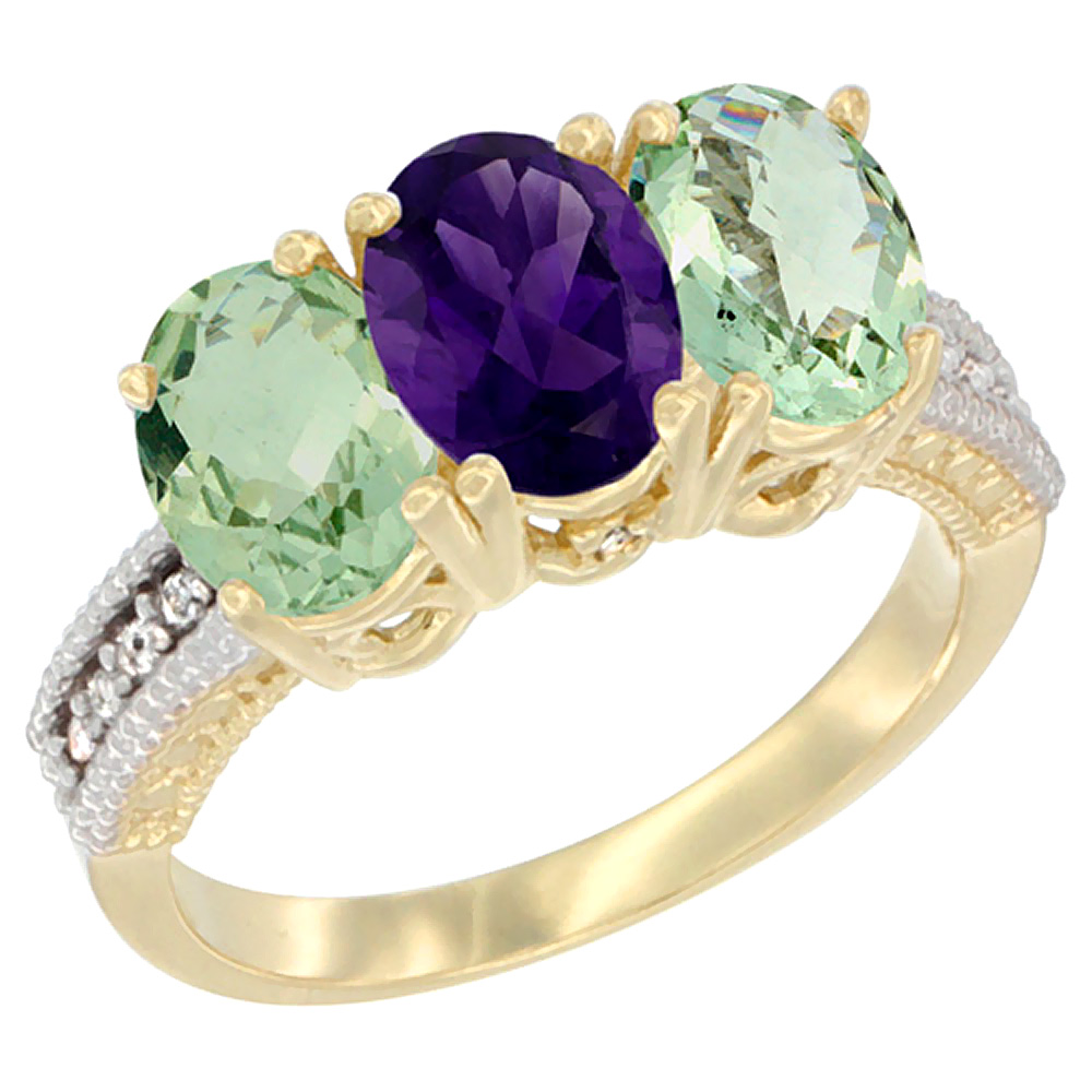 14K Yellow Gold Natural Amethyst &amp; Green Amethyst Ring 3-Stone 7x5 mm Oval Diamond Accent, sizes 5 - 10