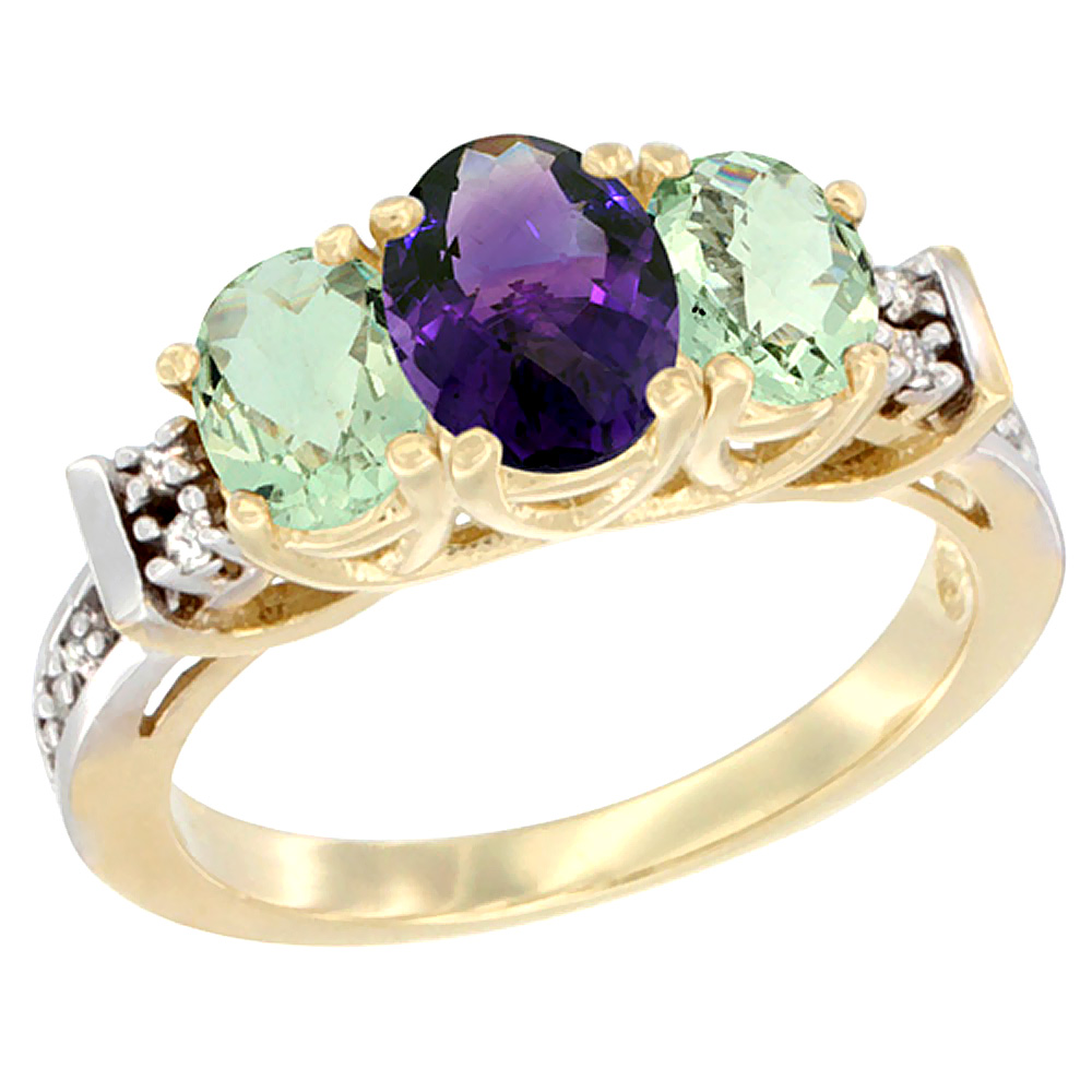 10K Yellow Gold Natural Amethyst &amp; Green Amethyst Ring 3-Stone Oval Diamond Accent