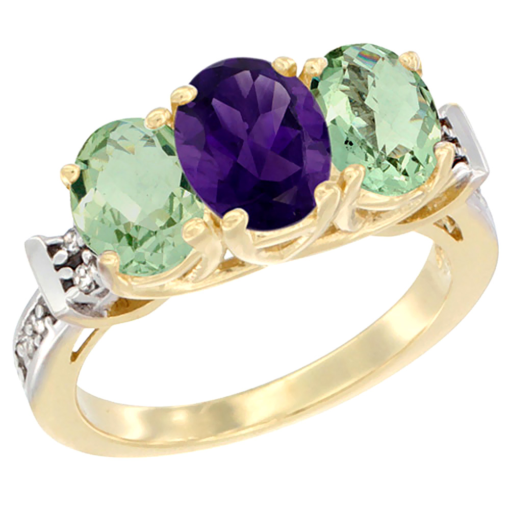 10K Yellow Gold Natural Purple &amp; Green Amethysts Ring 3-Stone Oval Diamond Accent, sizes 5 - 10