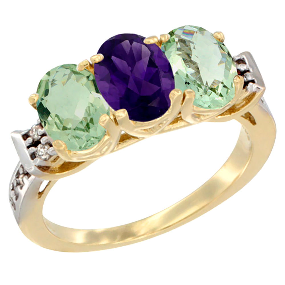 10K Yellow Gold Natural Amethyst &amp; Green Amethyst Sides Ring 3-Stone Oval 7x5 mm Diamond Accent, sizes 5 - 10