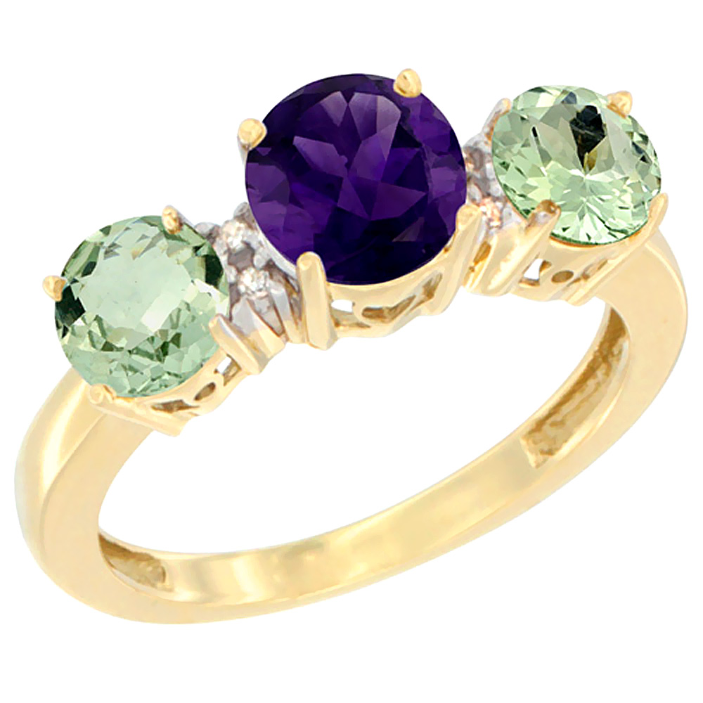 10K Yellow Gold Round 3-Stone Natural Amethyst Ring &amp; Green Amethyst Sides Diamond Accent, sizes 5 - 10