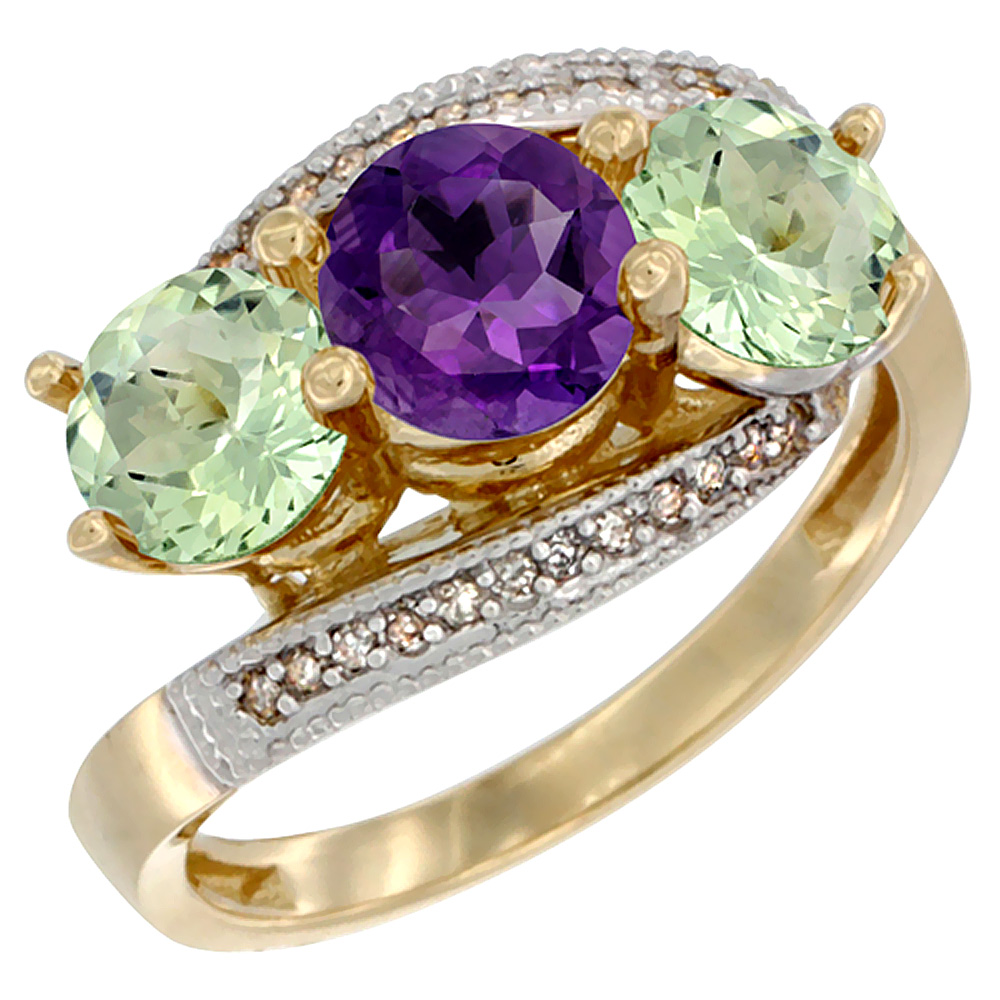 14K Yellow Gold Natural Purple &amp; Green Amethyst Sides 3 stone Ring Round 6mm Diamond Accent, sizes 5 - 10