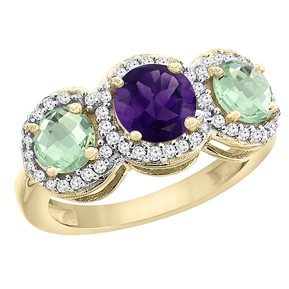 14K Yellow Gold Natural Amethyst &amp; Green Amethyst Sides Round 3-stone Ring Diamond Accents, sizes 5 - 10