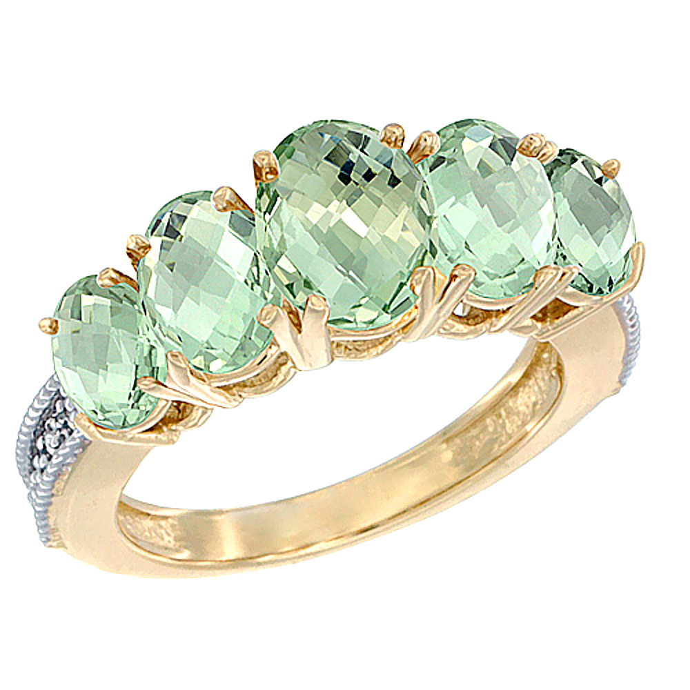 10K Yellow Gold Diamond Natural Green Amethyst Ring 5-stone Oval 8x6 Ctr,7x5,6x4 sides, sizes 5 - 10