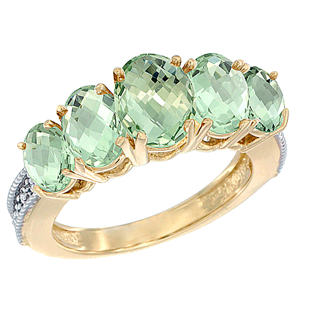 14K Yellow Gold Diamond Natural Green Amethyst Ring 5-stone Oval 8x6 Ctr,7x5,6x4 sides, sizes 5 - 10