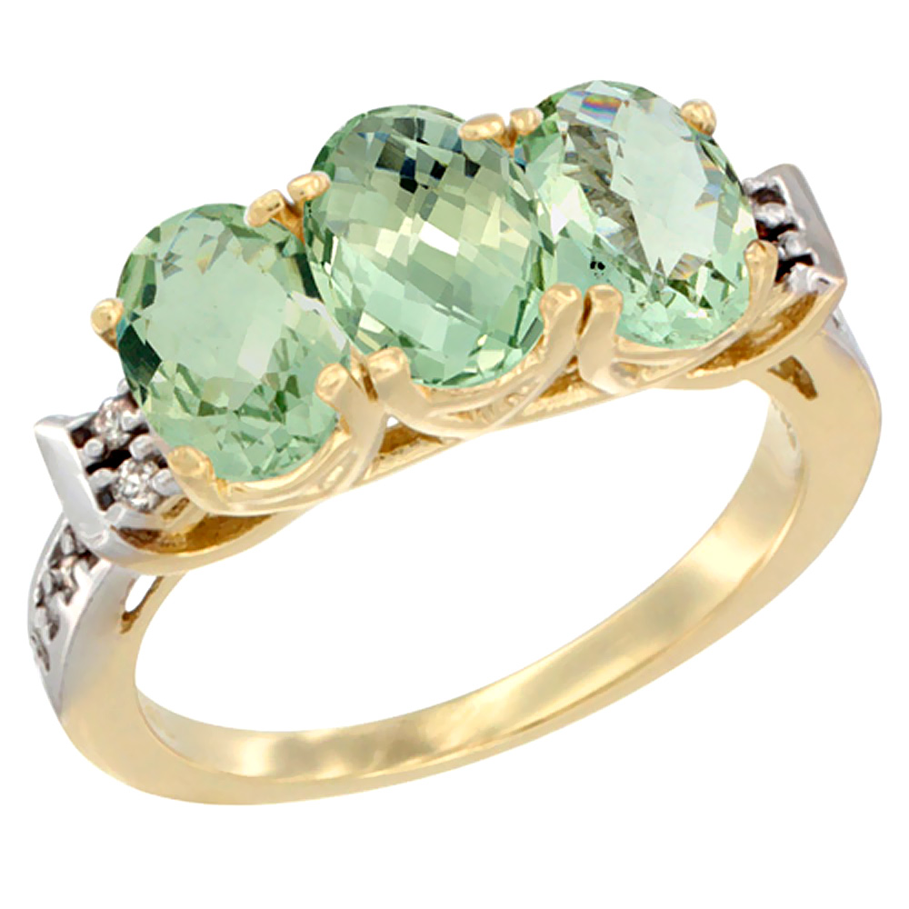 14K Yellow Gold Natural Green Amethyst Ring 3-Stone 7x5 mm Oval Diamond Accent, sizes 5 - 10