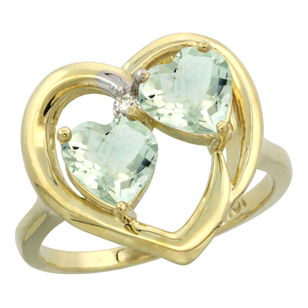 14K Yellow Gold Diamond Two-stone Heart Ring 6mm Natural Green Amethyst, sizes 5-10