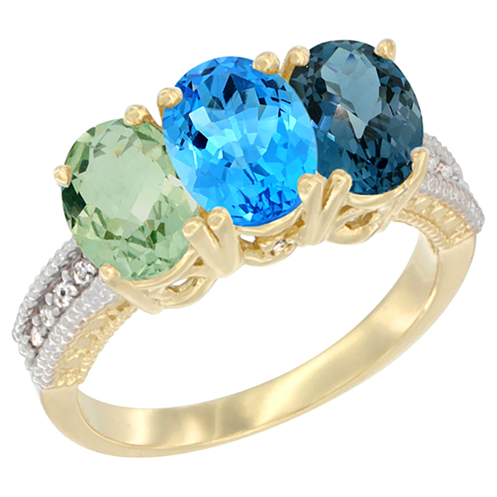 14K Yellow Gold Natural Green Amethyst, Swiss Blue Topaz & London Blue Topaz Ring 3-Stone 7x5 mm Oval Diamond Accent, sizes 5 - 10