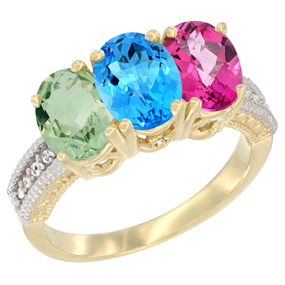 14K Yellow Gold Natural Green Amethyst, Swiss Blue Topaz &amp; Pink Topaz Ring 3-Stone 7x5 mm Oval Diamond Accent, sizes 5 - 10