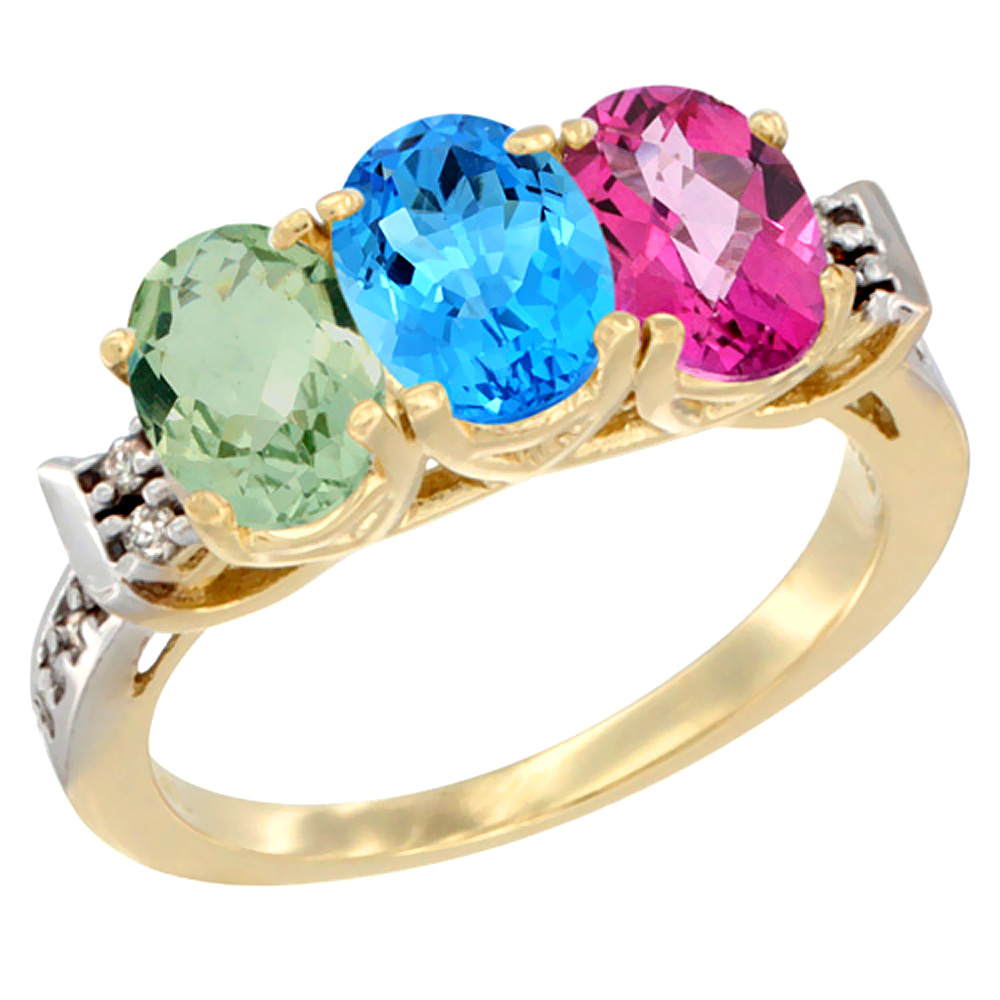 14K Yellow Gold Natural Green Amethyst, Swiss Blue Topaz & Pink Topaz Ring 3-Stone 7x5 mm Oval Diamond Accent, sizes 5 - 10