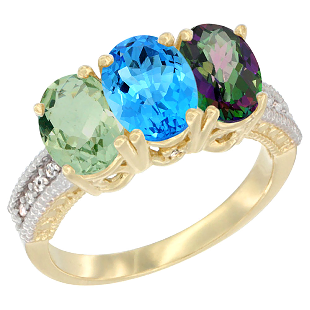 14K Yellow Gold Natural Green Amethyst, Swiss Blue Topaz & Mystic Topaz Ring 3-Stone 7x5 mm Oval Diamond Accent, sizes 5 - 10