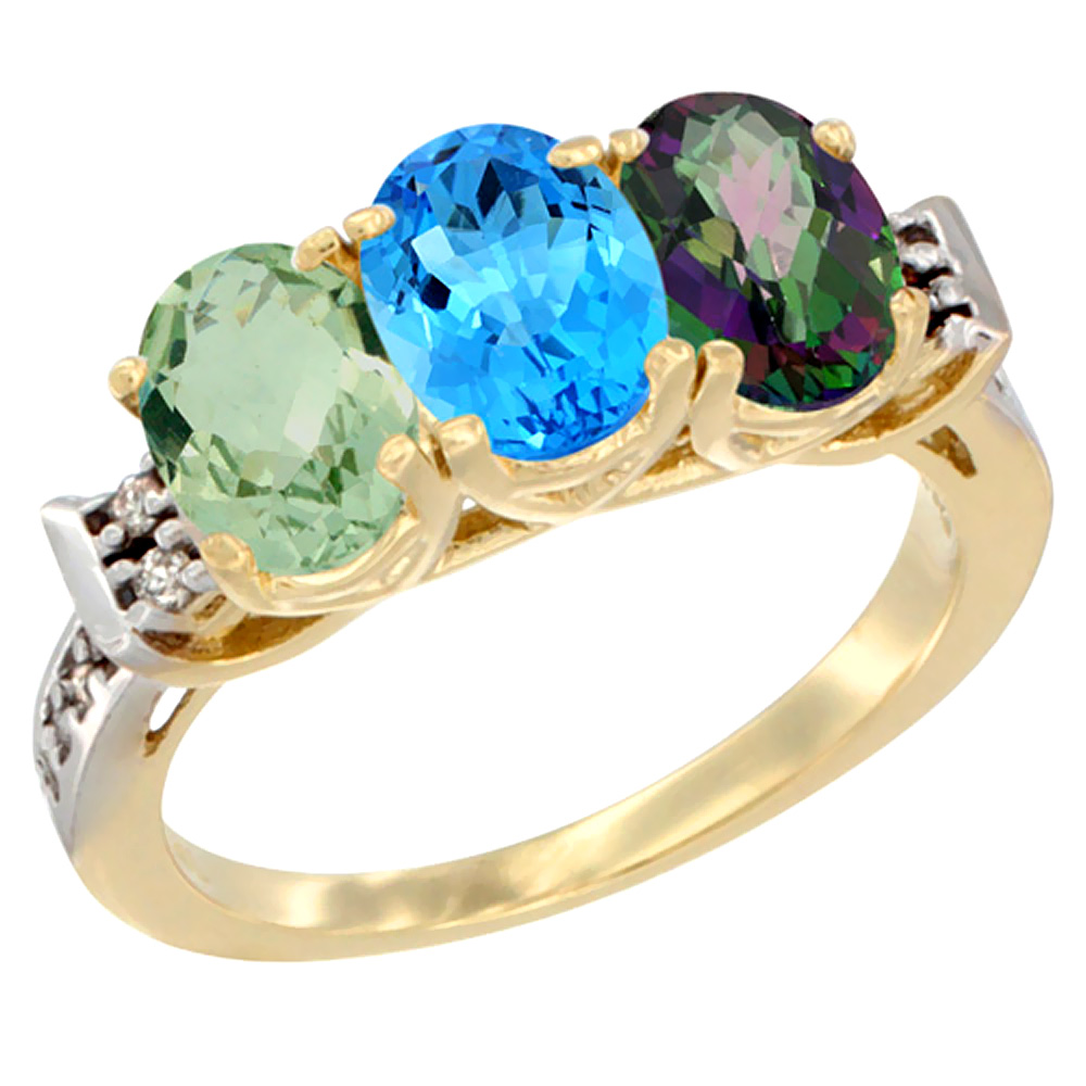 14K Yellow Gold Natural Green Amethyst, Swiss Blue Topaz & Mystic Topaz Ring 3-Stone 7x5 mm Oval Diamond Accent, sizes 5 - 10