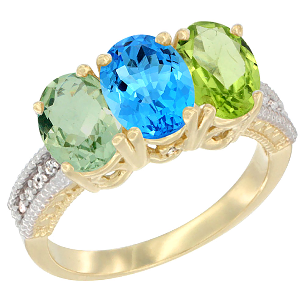 14K Yellow Gold Natural Green Amethyst, Swiss Blue Topaz & Peridot Ring 3-Stone 7x5 mm Oval Diamond Accent, sizes 5 - 10