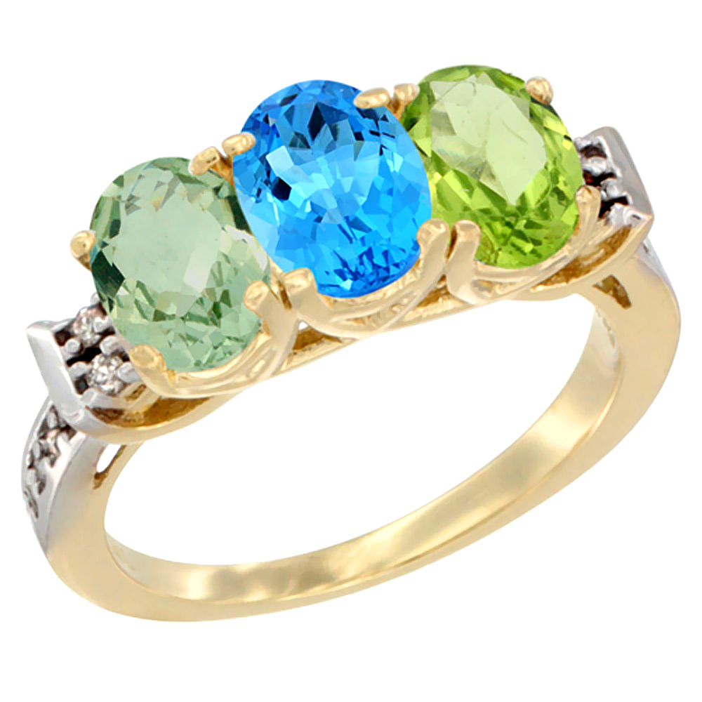 14K Yellow Gold Natural Green Amethyst, Swiss Blue Topaz &amp; Peridot Ring 3-Stone 7x5 mm Oval Diamond Accent, sizes 5 - 10