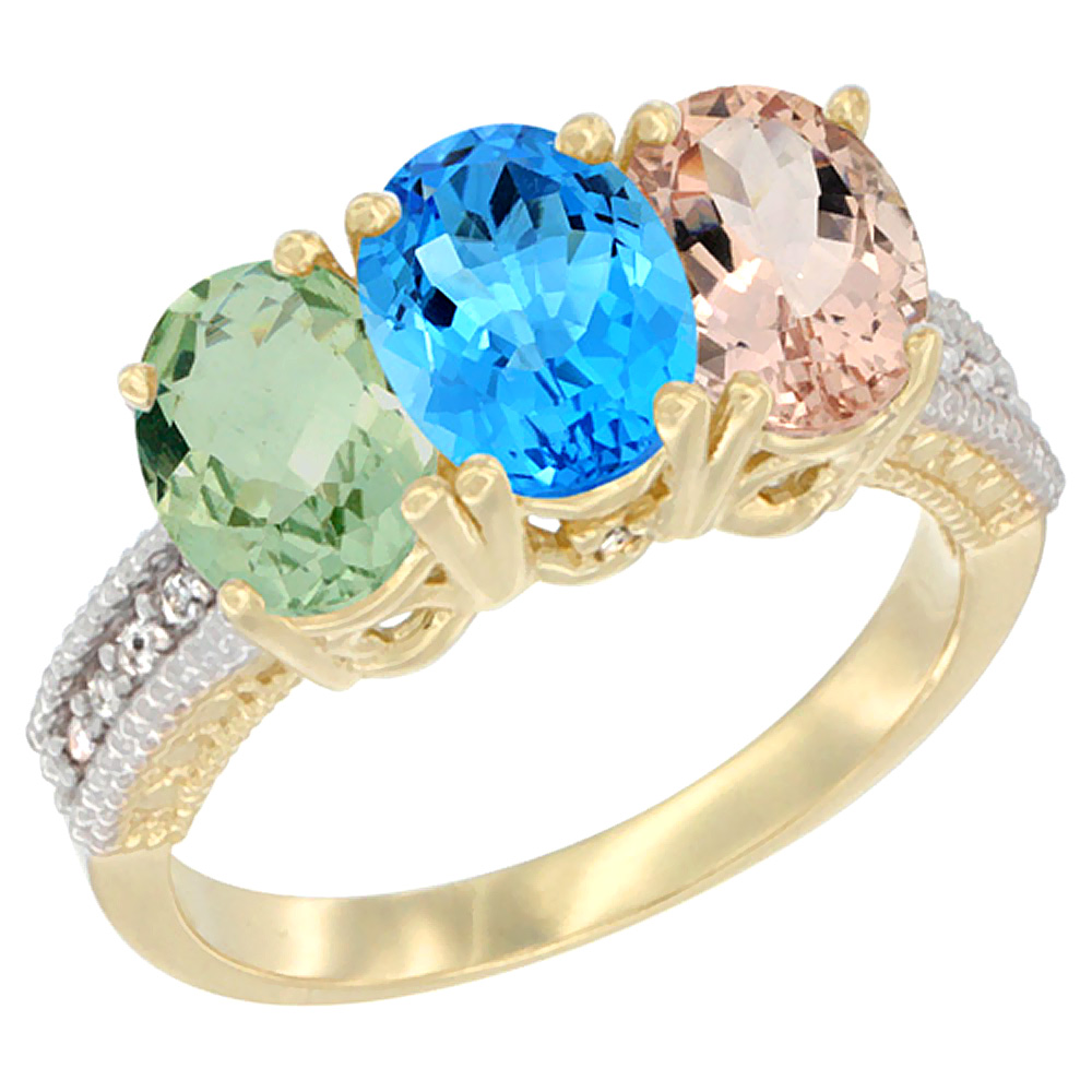 14K Yellow Gold Natural Green Amethyst, Swiss Blue Topaz & Morganite Ring 3-Stone 7x5 mm Oval Diamond Accent, sizes 5 - 10