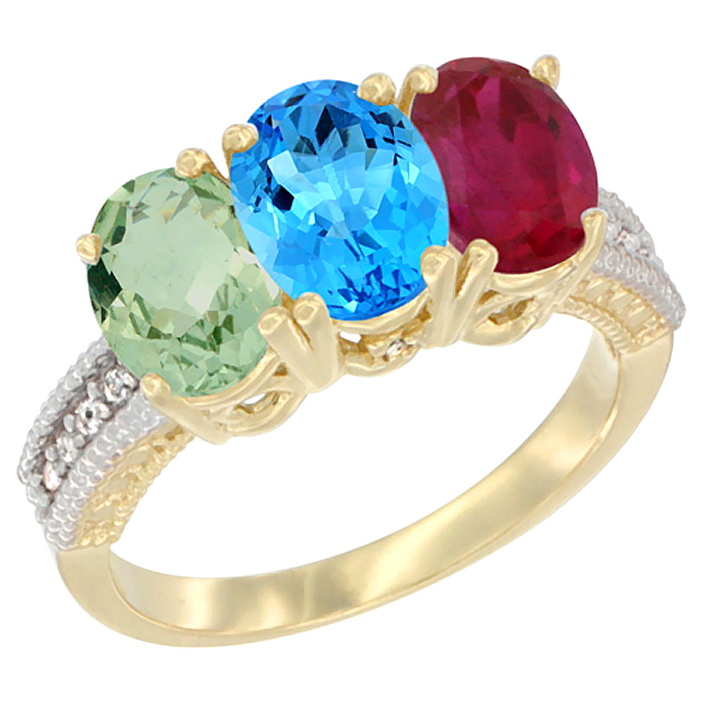 14K Yellow Gold Natural Green Amethyst, Swiss Blue Topaz & Enhanced Ruby Ring 3-Stone 7x5 mm Oval Diamond Accent, sizes 5 - 10