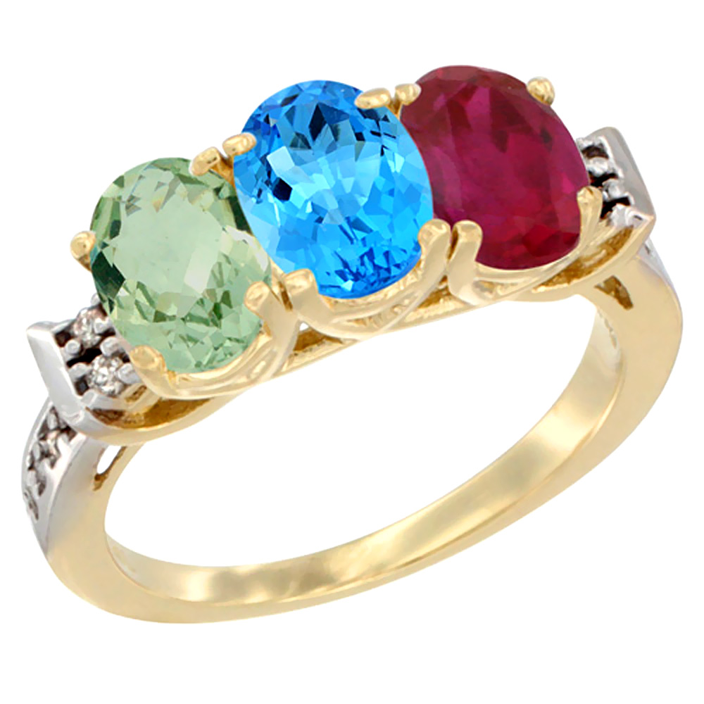 14K Yellow Gold Natural Green Amethyst, Swiss Blue Topaz &amp; Enhanced Ruby Ring 3-Stone 7x5 mm Oval Diamond Accent, sizes 5 - 10