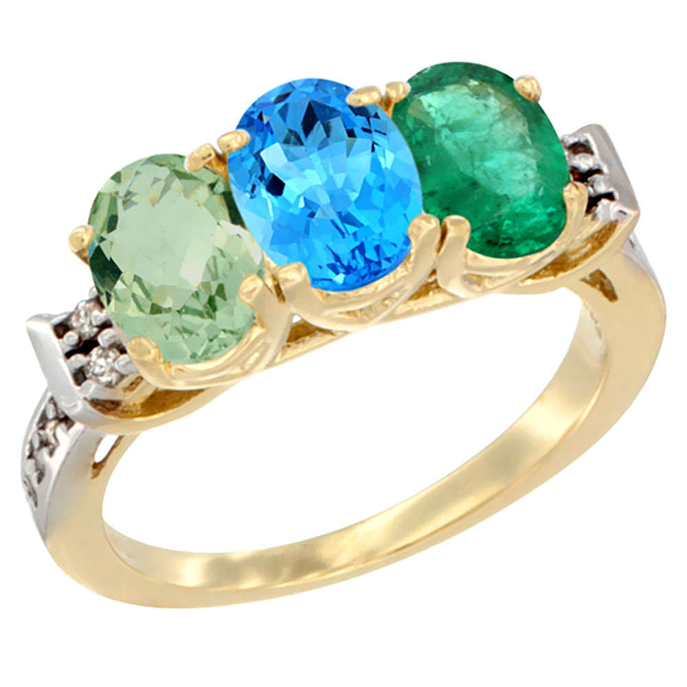 14K Yellow Gold Natural Green Amethyst, Swiss Blue Topaz & Emerald Ring 3-Stone 7x5 mm Oval Diamond Accent, sizes 5 - 10