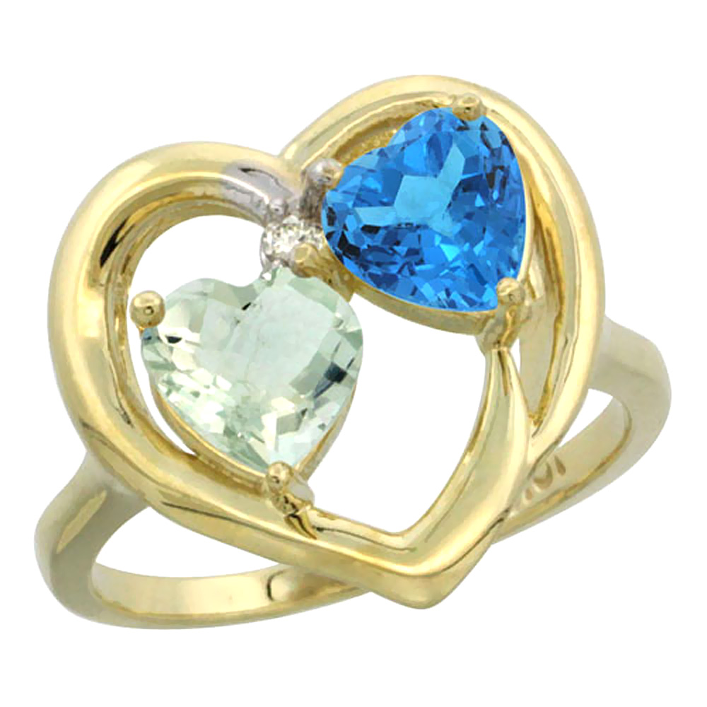 14K Yellow Gold Diamond Two-stone Heart Ring 6mm Natural Green Amethyst & Swiss Blue Topaz, sizes 5-10