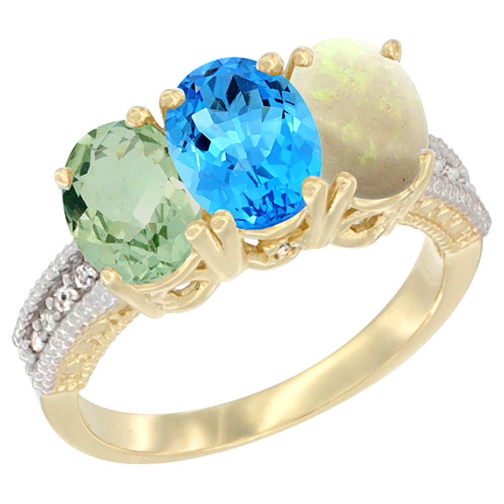 14K Yellow Gold Natural Green Amethyst, Swiss Blue Topaz & Opal Ring 3-Stone 7x5 mm Oval Diamond Accent, sizes 5 - 10