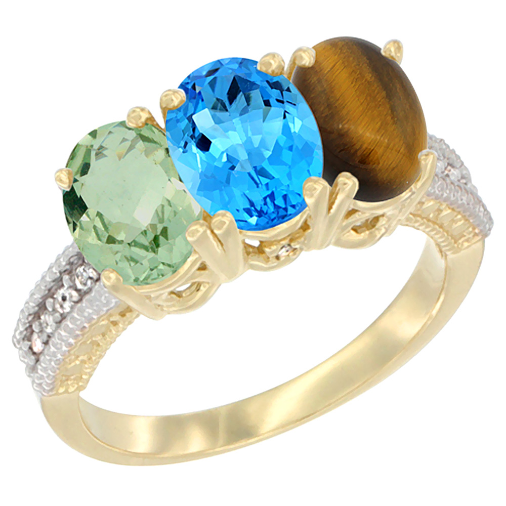 14K Yellow Gold Natural Green Amethyst, Swiss Blue Topaz & Tiger Eye Ring 3-Stone 7x5 mm Oval Diamond Accent, sizes 5 - 10