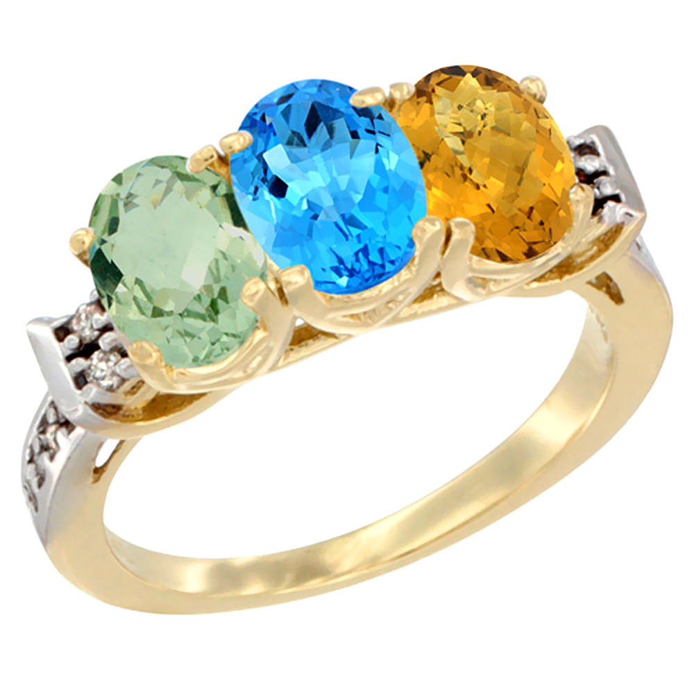 14K Yellow Gold Natural Green Amethyst, Swiss Blue Topaz & Whisky Quartz Ring 3-Stone 7x5 mm Oval Diamond Accent, sizes 5 - 10