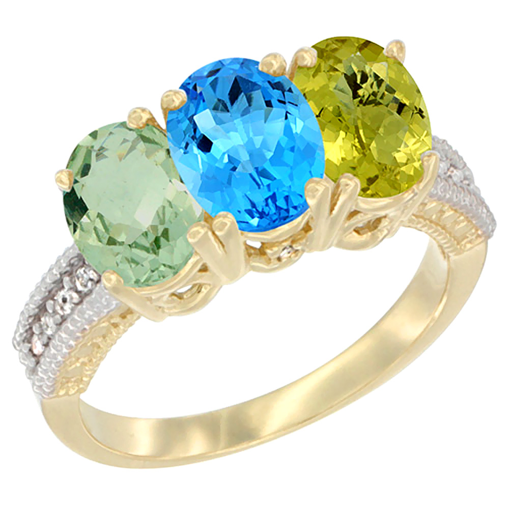 14K Yellow Gold Natural Green Amethyst, Swiss Blue Topaz & Lemon Quartz Ring 3-Stone 7x5 mm Oval Diamond Accent, sizes 5 - 10