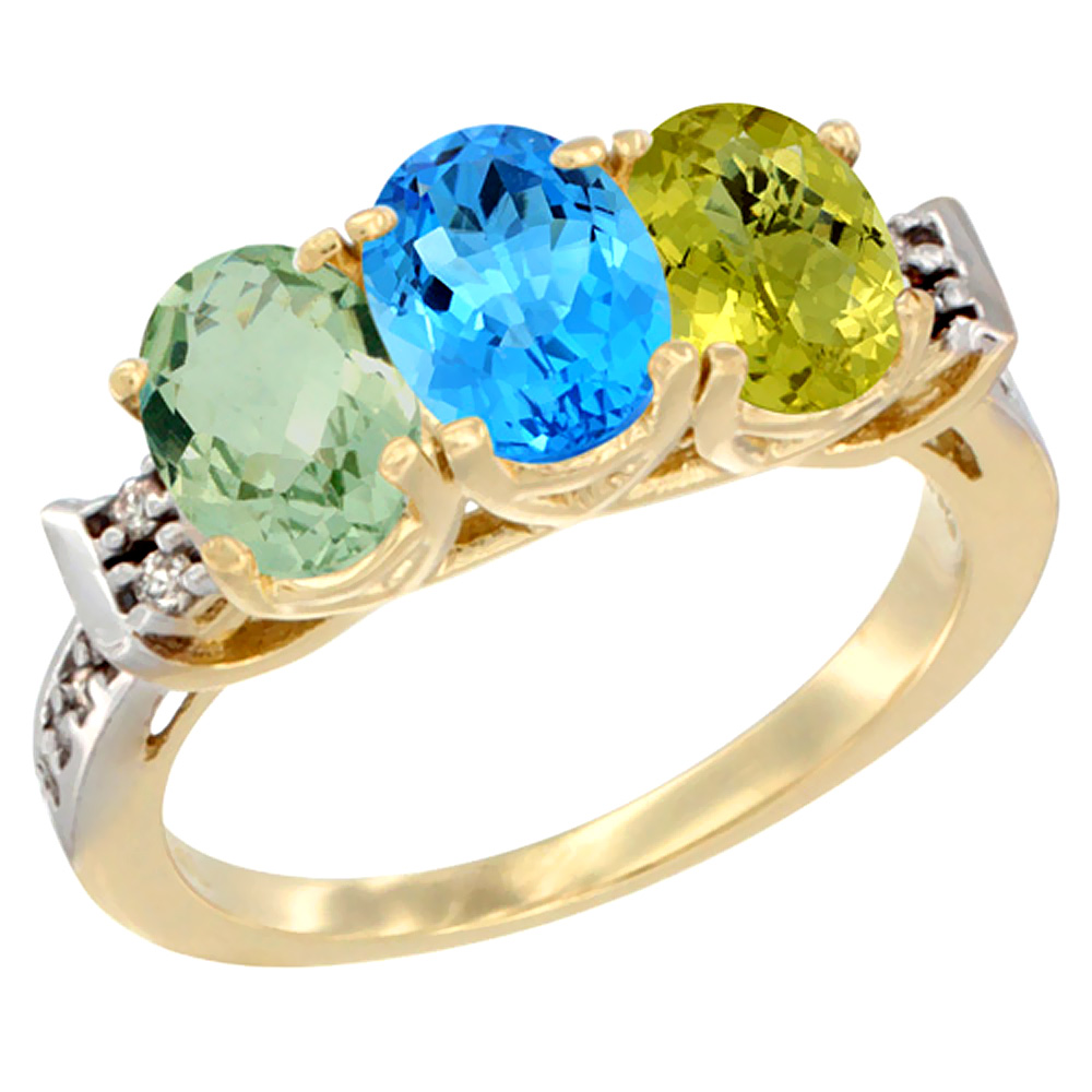 14K Yellow Gold Natural Green Amethyst, Swiss Blue Topaz &amp; Lemon Quartz Ring 3-Stone 7x5 mm Oval Diamond Accent, sizes 5 - 10