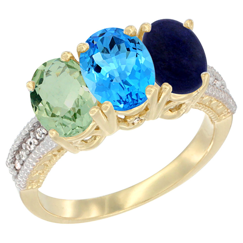 14K Yellow Gold Natural Green Amethyst, Swiss Blue Topaz &amp; Lapis Ring 3-Stone 7x5 mm Oval Diamond Accent, sizes 5 - 10