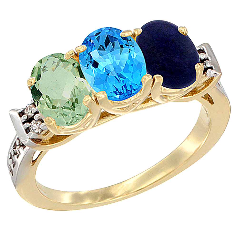 14K Yellow Gold Natural Green Amethyst, Swiss Blue Topaz & Lapis Ring 3-Stone 7x5 mm Oval Diamond Accent, sizes 5 - 10