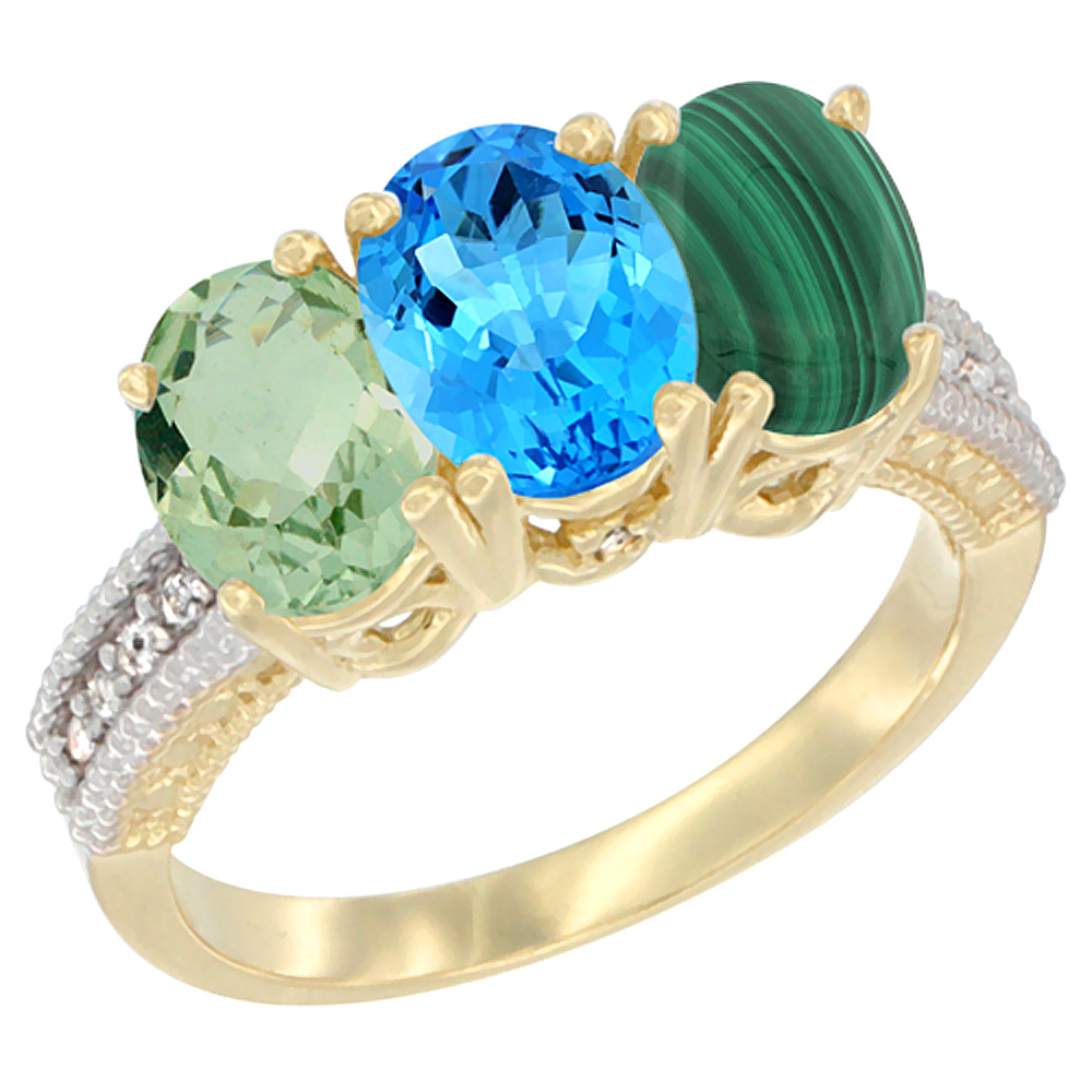 14K Yellow Gold Natural Green Amethyst, Swiss Blue Topaz & Malachite Ring 3-Stone 7x5 mm Oval Diamond Accent, sizes 5 - 10