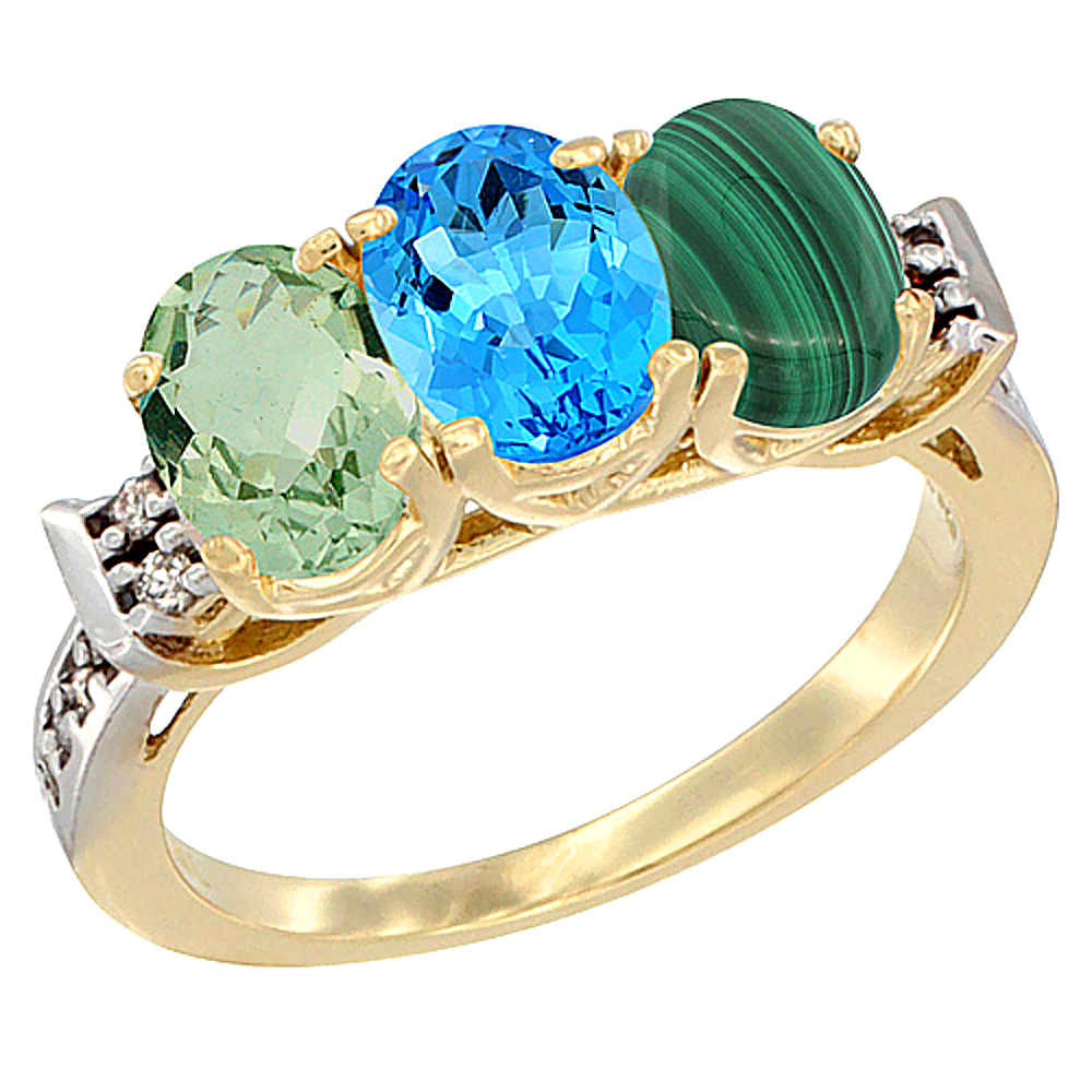 10K Yellow Gold Natural Green Amethyst, Swiss Blue Topaz & Malachite Ring 3-Stone Oval 7x5 mm Diamond Accent, sizes 5 - 10