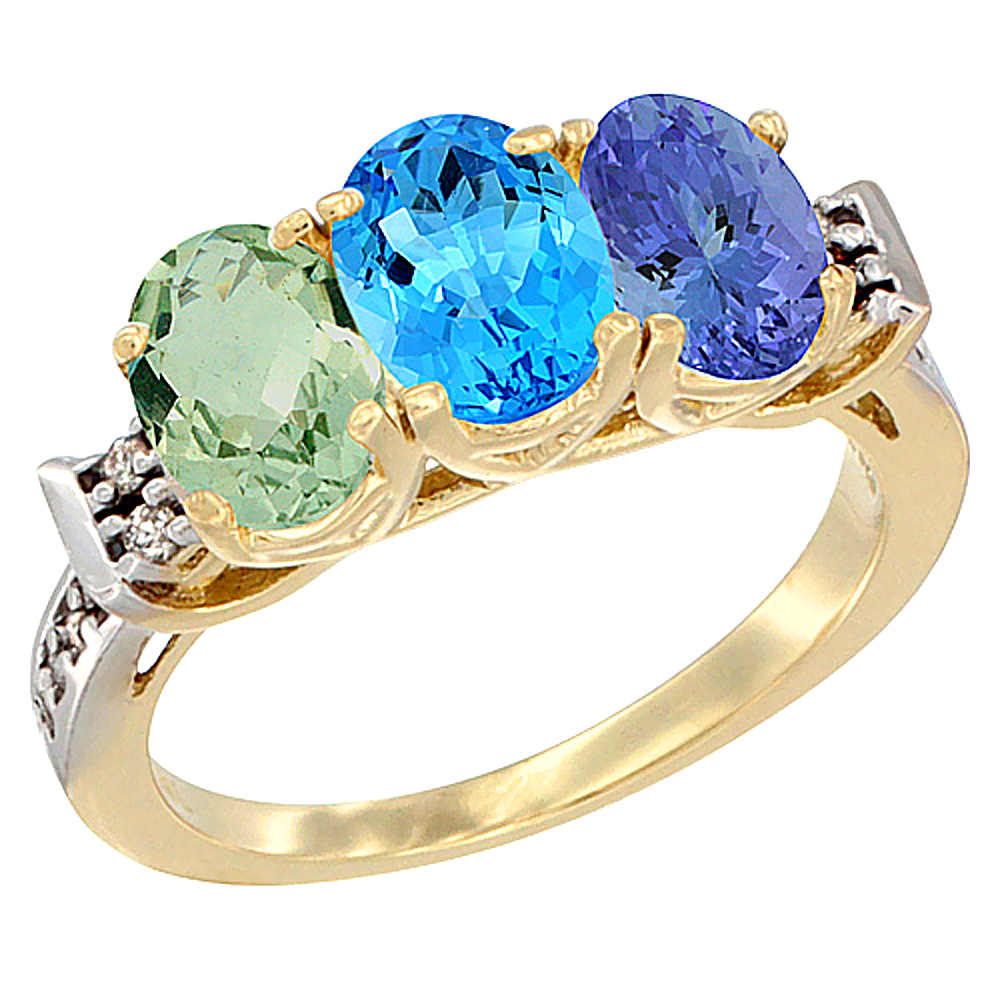 10K Yellow Gold Natural Green Amethyst, Swiss Blue Topaz & Tanzanite Ring 3-Stone Oval 7x5 mm Diamond Accent, sizes 5 - 10